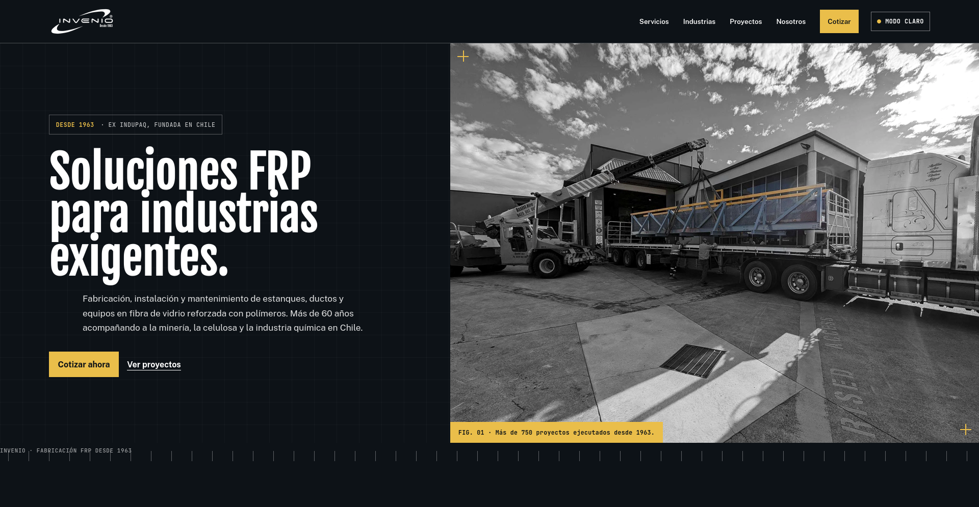 Prototipo Pizarra v2: hero en blanco y negro con título Soluciones FRP para industrias exigentes